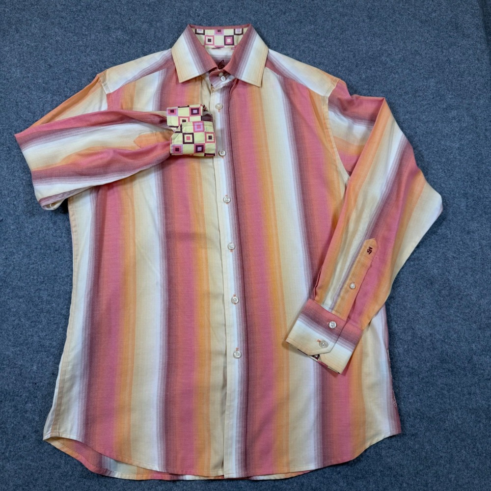Robert Graham Mens Medium Orange Pink Striped Button Down Shirt Geometric Cuffs